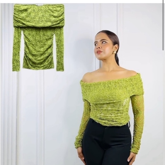 NWT Zara off the shoulder green lace top blogger fav size S - Picture 4 of 14